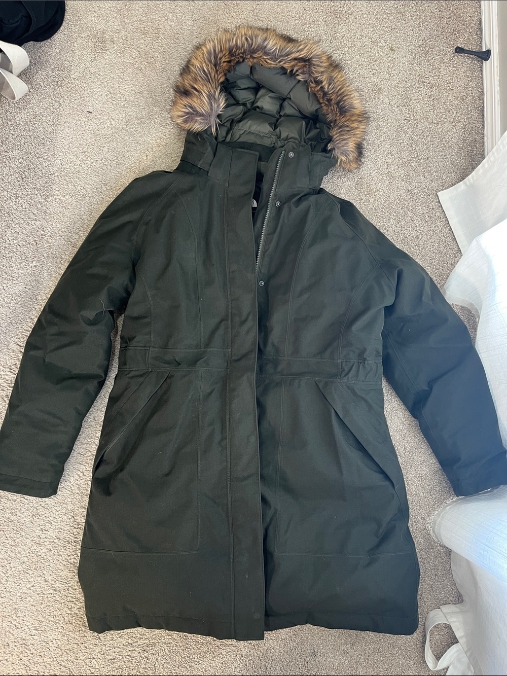 The North Face Women's Artic Parka in Olive Green with Faux Fur Trim